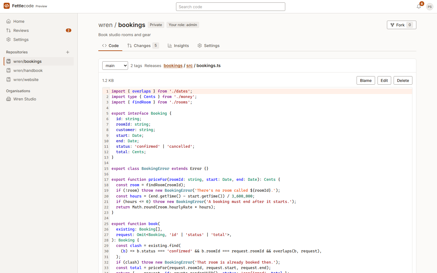 A TypeScript file in the code browser, with syntax highlighting, a branch picker, tags, releases, and Blame, Edit and Delete buttons.