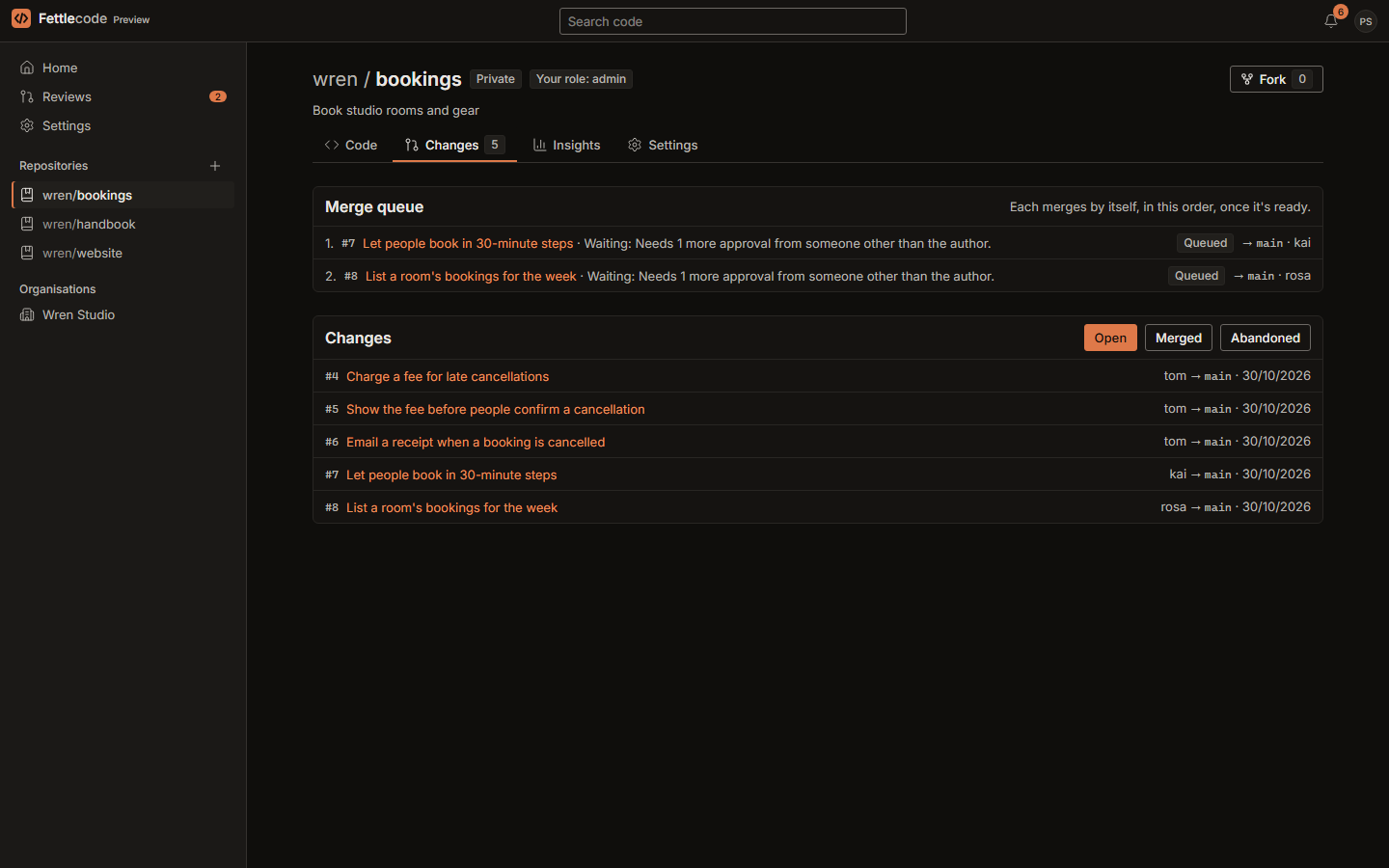 The Changes tab in the dark theme: two changes in the merge queue, each waiting for an approval, above the list of open changes.