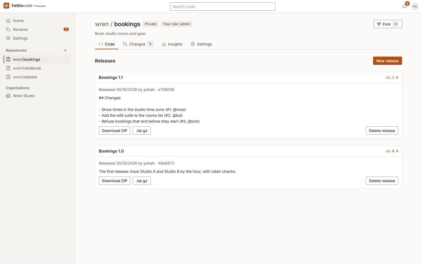 The Releases page: Bookings 1.1, with notes listing three merged changes and who made them, and Bookings 1.0, each with Download ZIP and .tar.gz buttons.
