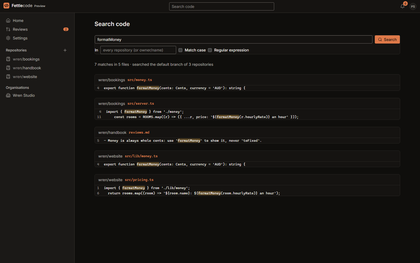Code search in the dark theme: seven matches for formatMoney in five files across three repositories, grouped by file, with each match highlighted.
