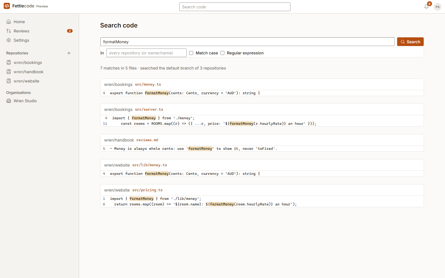 Code search: seven matches for formatMoney in five files across three repositories, grouped by file, with each match highlighted.